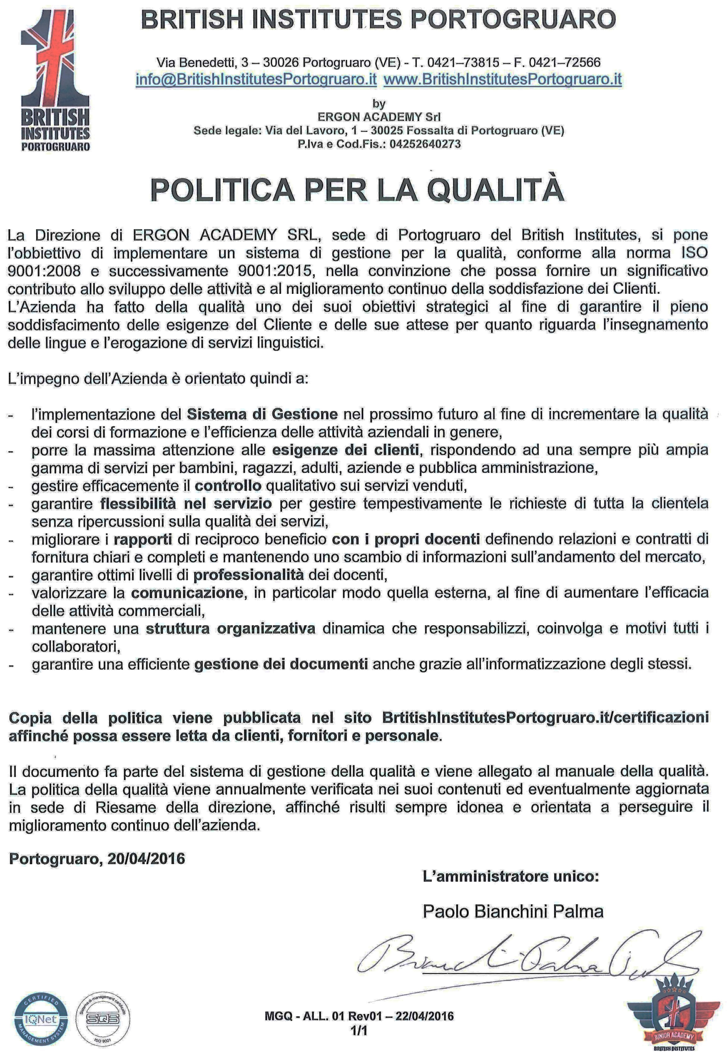 POLITICA PER LA QUALITÀ
